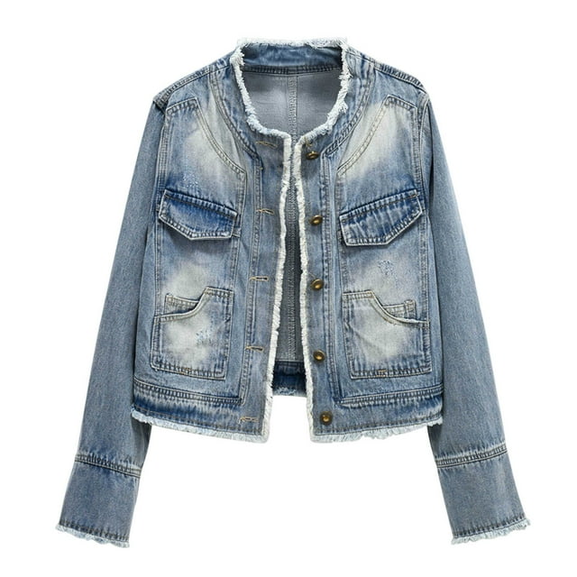 Vestes pour Femmes Hiver, Veste en Jean Sans Capuche Effilochée
