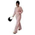 thumbnail image 6 of Domzest Womens 2 Piece Sets Crew Neck Long Sleeve Striped Blouse Matching Elastic High WaistWide Leg Pants Casual Spring Fall Outfits Red M, 6 of 6