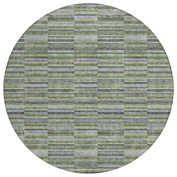HomeRoots 587916 8 ft. Round Striped Washable Indoor & Outdoor Area Rug, Olive Green & Gray