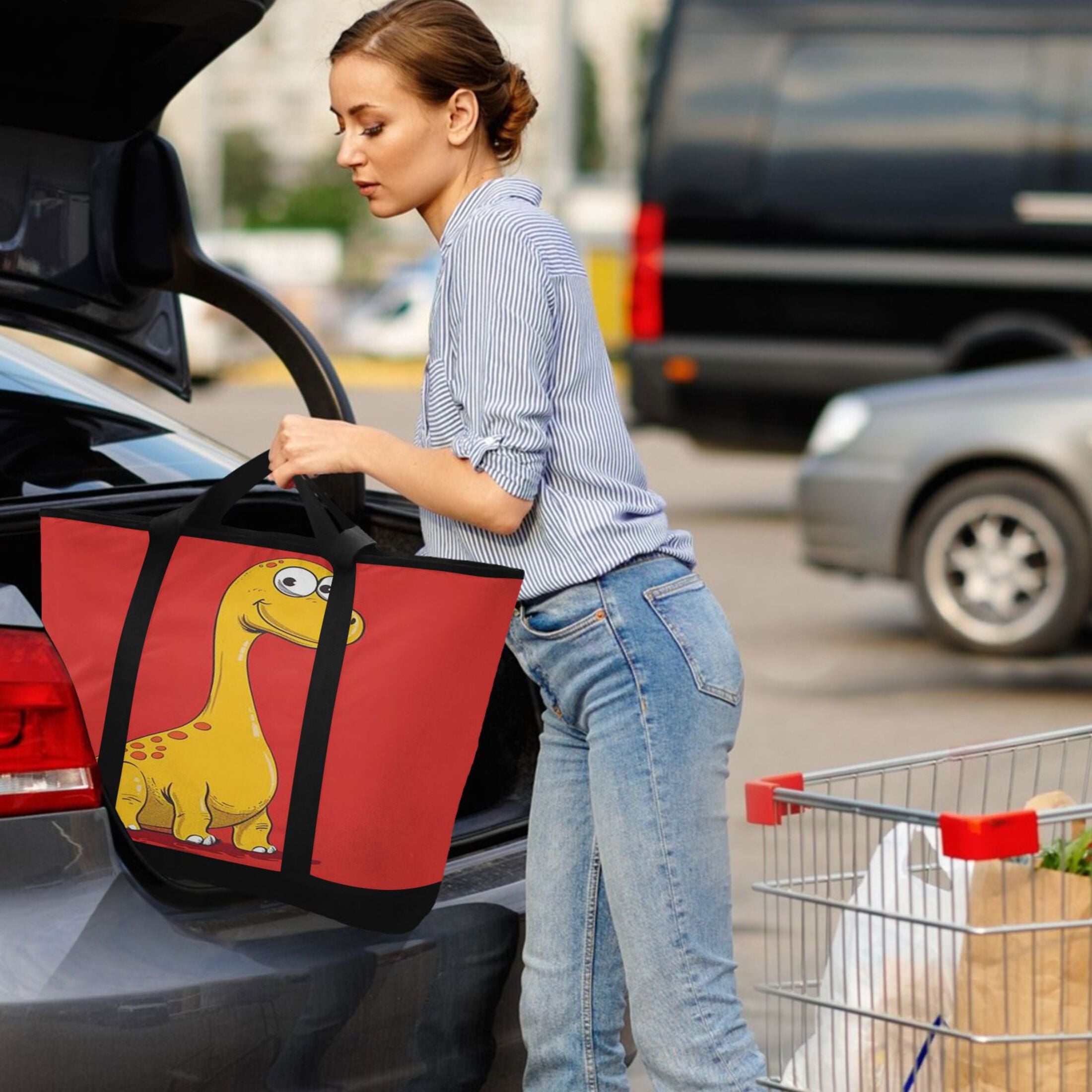 Large Hand-held Ice Pack Picnic Bag Insulation and Refrigeration Suitable for Shopping Picnics and Camping Yellow Dinosaur