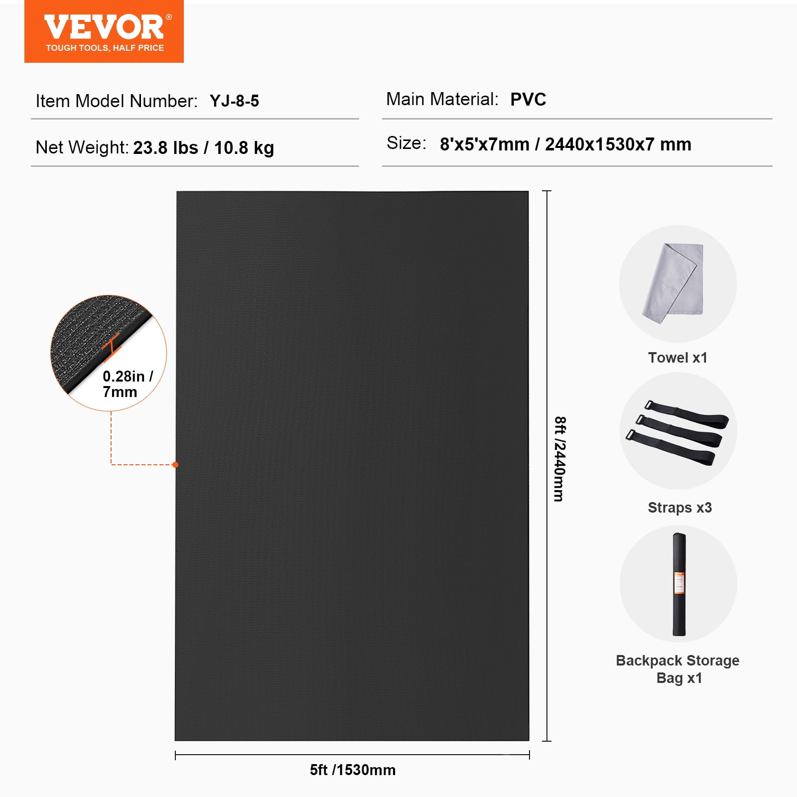VEVOR Exercise Mat, Non Slip High Density Premium Yoga Mat, Exercise Yoga Mat for Men & Women, Fitness & Exercise Mat with Bag & Carry Strap, for All Types of Home Yoga, Floor Workout (8x5ft)