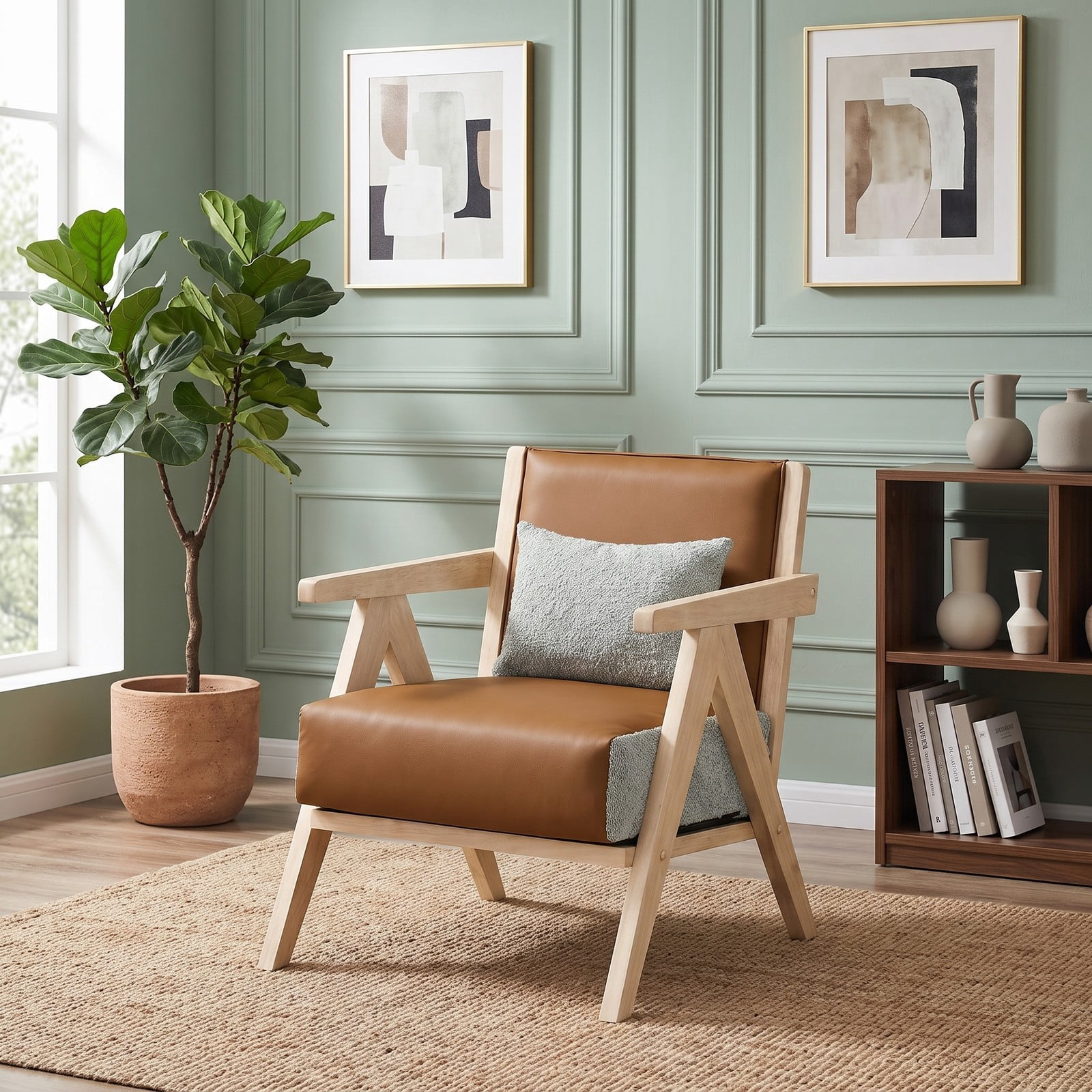 Furnibear Mid-Century Modern Accent Chair, Faux Leather Upholstered Armchair with Chenille Fabric, Rubber Wood Frame, Pocket Spring Cushion for Living Room, Brown