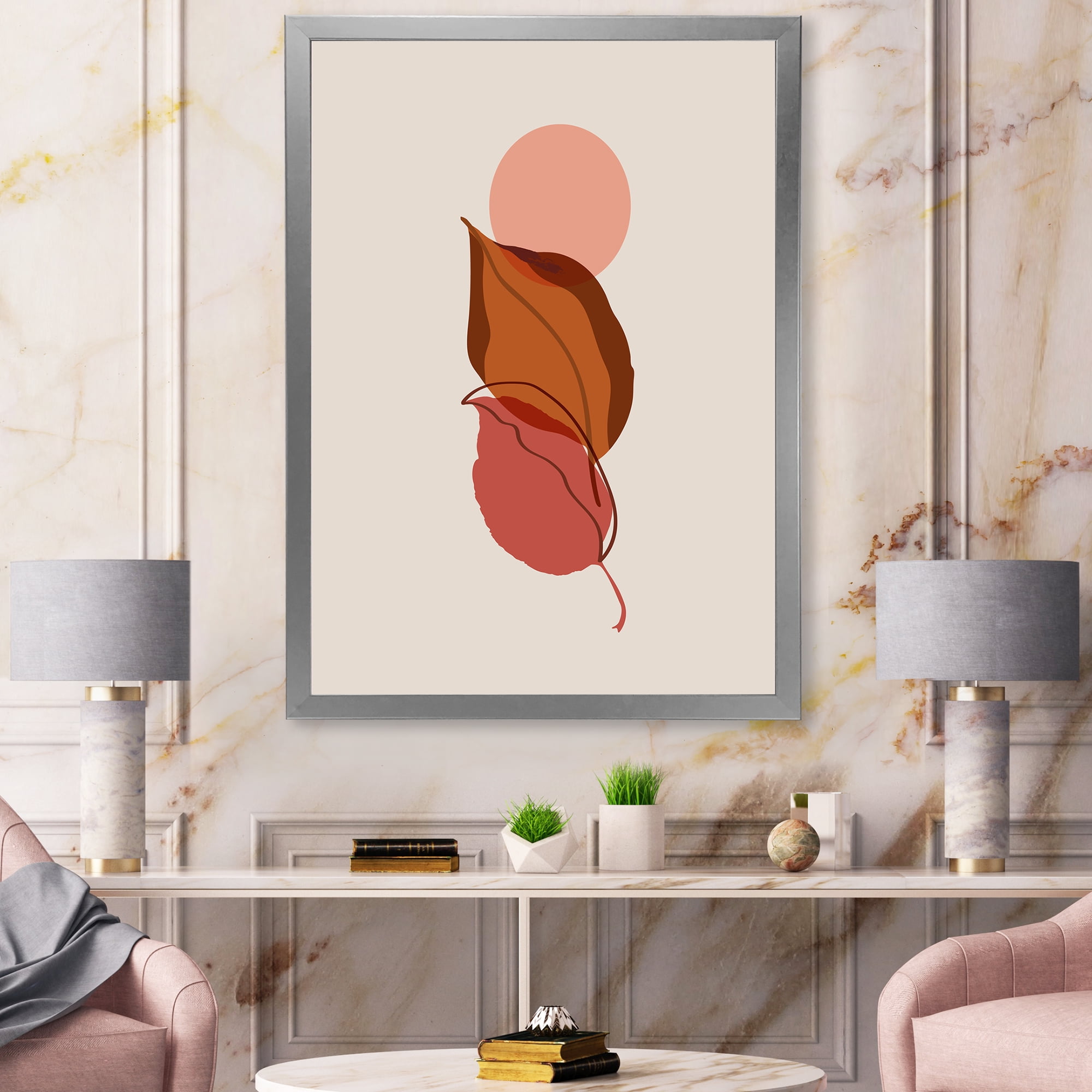 Designart 'A Red Full Moon Over Two Autumn Leaves' Modern Framed Art Print