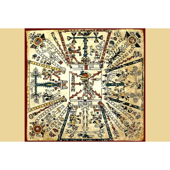 24x36 gallery poster, Aztec cosmological drawing with the god Xiuhtecuhtli, the lord of fire in the center and the four corners of the cosmos