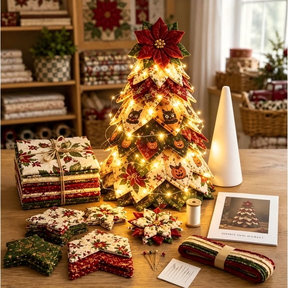 DIY Quilted Santa Christmas Tree Kit with Warm Glow Lights, Handmade Fabric Tabletop Holiday Decor with Character Topper for Mantel Shelf
