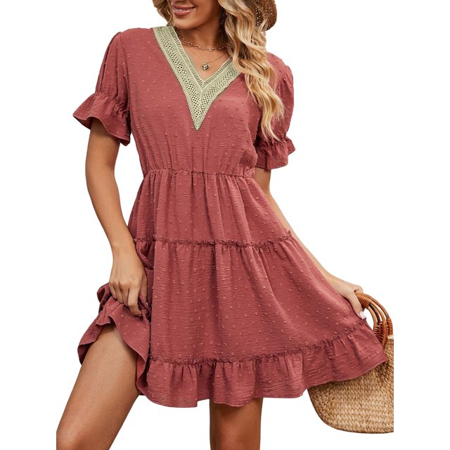 Pudcoco Robes Décontractées Amples pour Femmes Été Vacances Plage, Manches Courtes Ourlet à Volants Pois Suisses Col en V Robe Trapèze