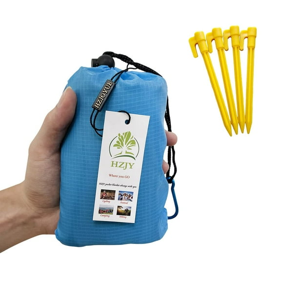 Hzjoyue Outdoor Picnic Blanket (71"" X 55"") -Compact Lightweight Sand Proof Pocket Blanket For The Beach Hiking Travel Camping Festivals With Pockets Loops Stakes Carabiner (Blue)