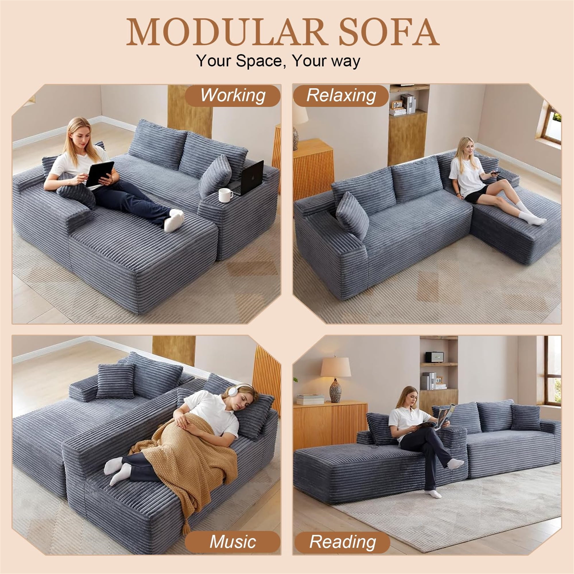 Aukfa 105" Cloud Sectional Sofa Boneless Couch Modular Sofa Bed for Living Room, 2Pillows, Right Chiase, Corduroy, Gray