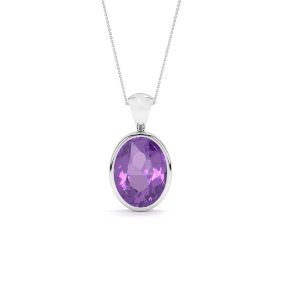 Natural Amethyst Oval Shape Pendant Necklace in Sterling Silver for Women with 18-inch Adj. Chain, February Birthstone Jewelry for Her Birthday, Wedding Anniversary, Christmas, Mothers Day
