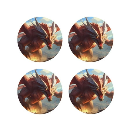 

Leather Coasters Set of 4 - Ferocious Dragon Fury Lightweight Non-Slip Drink Coasters for Desk Anti-Scalding Desk Cup Coasters for Office Table Decor Round Shape