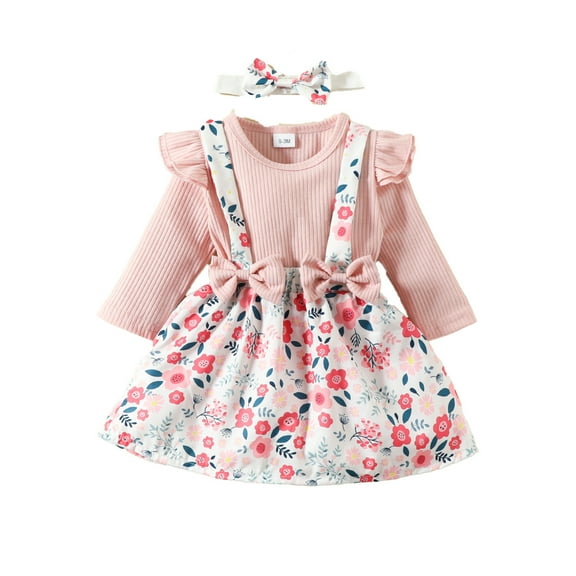 CUZIBR Baby Strip Long Sleeve Triangle Dress Baby Girls Bow Suspenders Skirt Flower Suit Skirt O-Neck Bodysuit Birthday Dailywear For Toddler