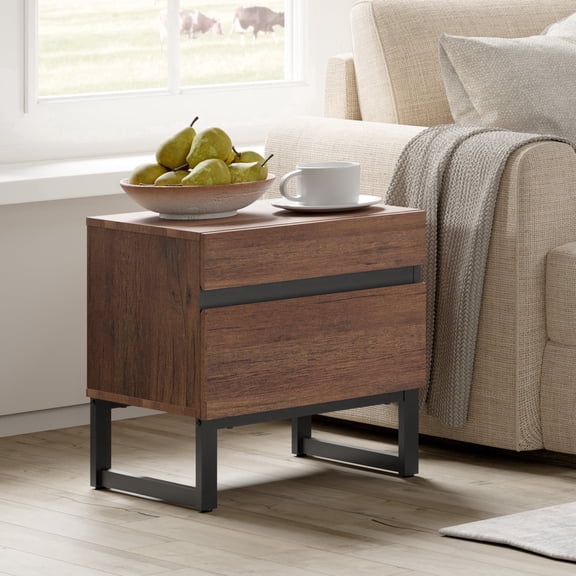 WAMPAT Nightstand with 2 Drawers for Bedroom, Modern Bedside Table with Black Square Iron Leg, Wood Rustic Side End Table for Living Room,Brown