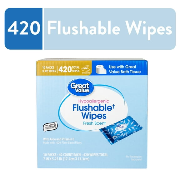 Great Value Fresh Scent Flushable Wipes, 10 Resealable Packs, 420 Total Flushable