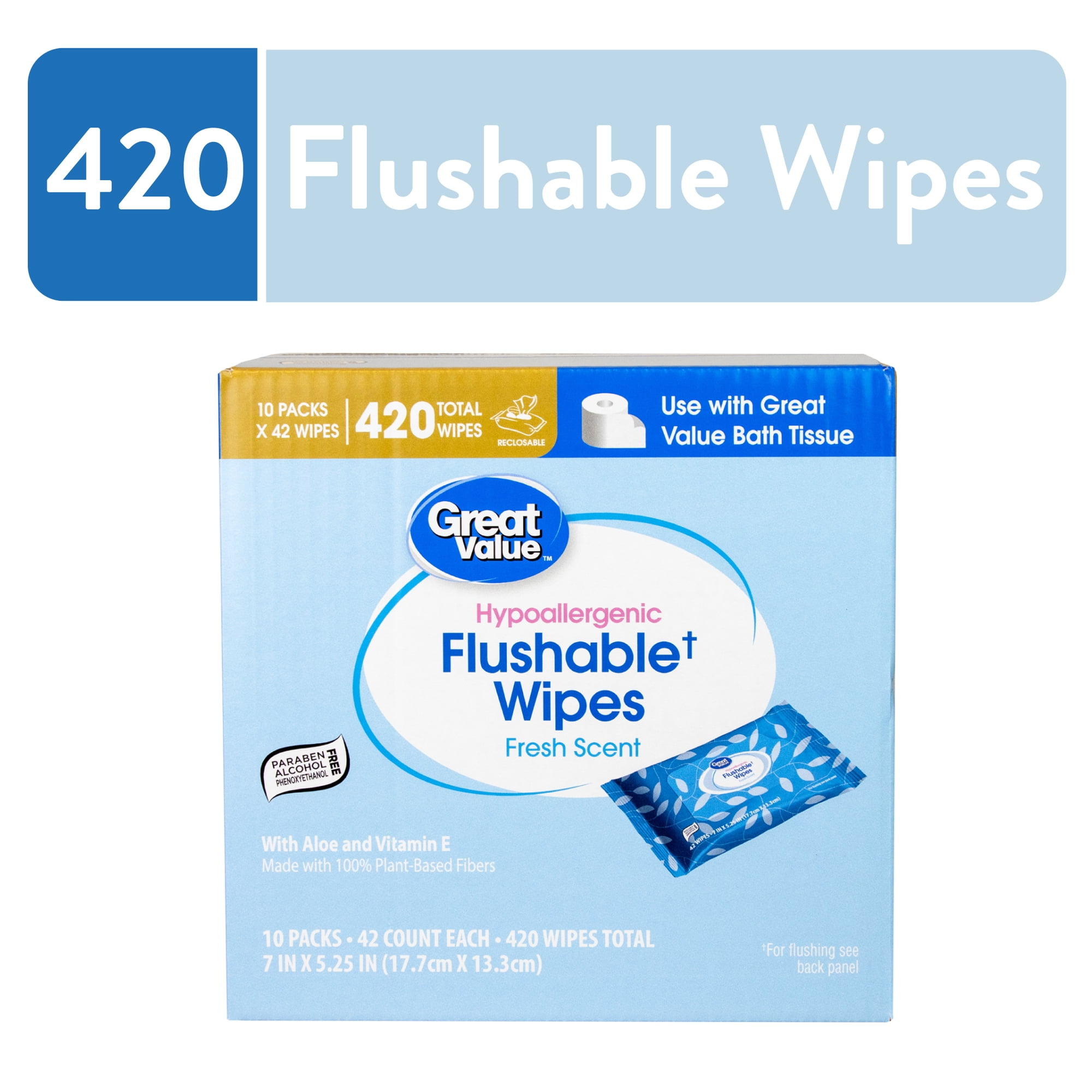 Great Value Fresh Scent Flushable Wipes, 10 Resealable Packs, 420 Total Wipes