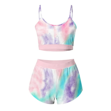 

Rejlun Women Nightwear 2 Pieces Outfits Sleepwear Scoop Neck Lounge Set Spaghetti Straps Pajamas Sets Buttons Decor Dailywear Gradient Printing XL