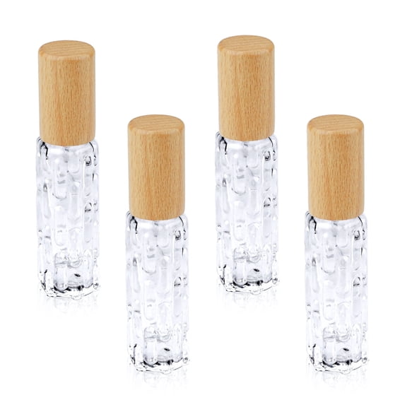 LELE LIFE 4 Pack Perfume Travel Refillable Bottle with Wood Lid, 10ml Atomizer Cologne Sprayer, Clear Glass Mini Spray Dispenser Empty for Refill, Beech Wood