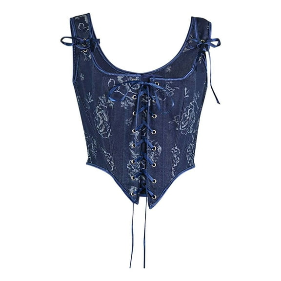 ZVAVZ Lace-up Corset Tops for Women Renaissance Vintage Floral Front Shoulder Bow Ties Vest Overbust Boned Bustier Bodice Blue,S