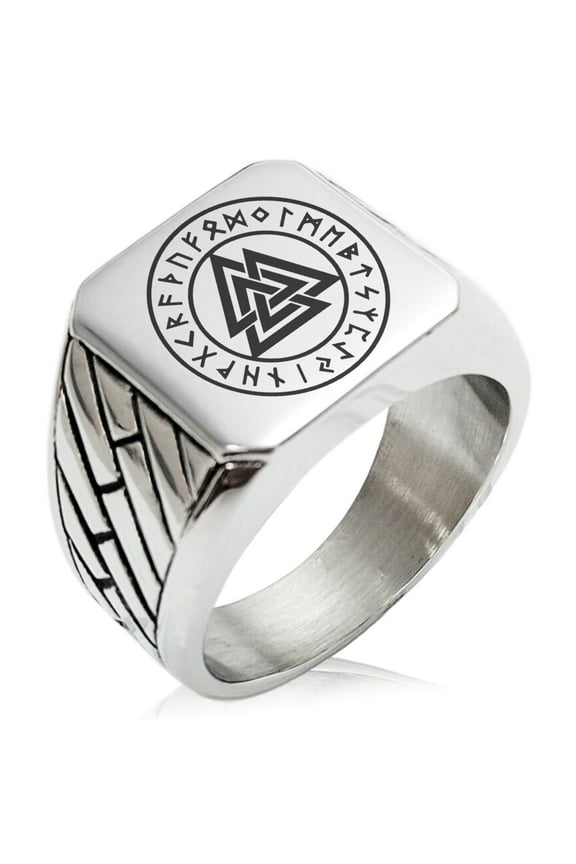 Stainless Steel Norse Valknut Knot Viking Geometric Pattern Biker Style Polished Ring