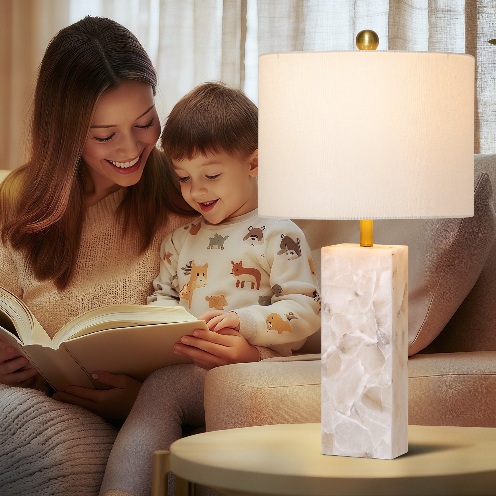 26.5in Alabaster Lamp, Marble Lamp Nightstand Lamp Bedside Desk Lamp with White Linen Lampshade for Bedroom Living Room Office