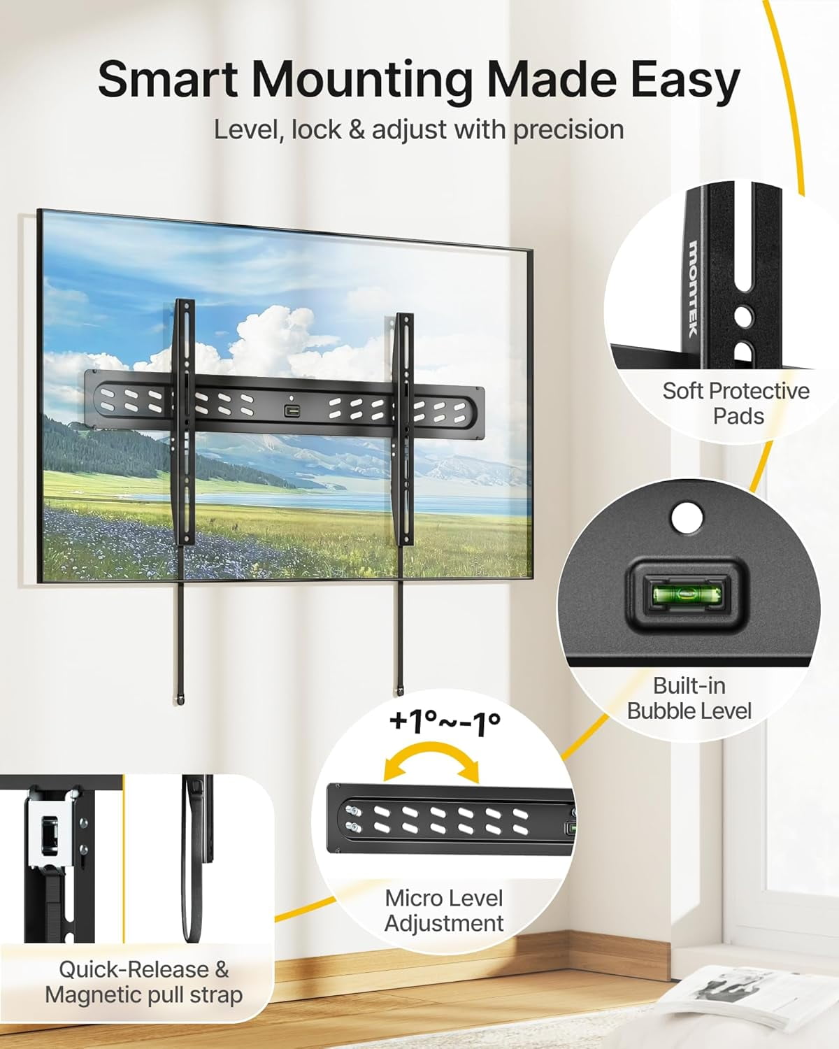 monTEK Ultra Slim Fixed TV Wall Mount for 43–95" Flat & Curved TVs, 0.95" Low Profile, Supports 150 lb, VESA 200x200–800x400, Fits 16"/18"/24" Studs