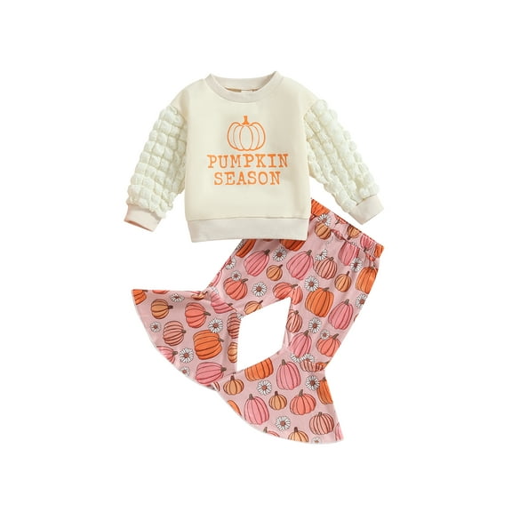 Wassery Toddler Baby Girls Halloween Outfits Set 6M 12M 18M 2T 3T 4T Infant 2Pcs Fall Winter Clothes Long Sleeve Letters Print Sweatshirt Pumpkin Print Flare Pants
