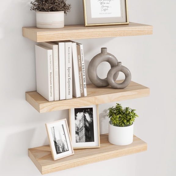 Natural Wood Floating Shelves - Wood Floating Shelves for Wall Set of 3-17 Inch Wide x 6.7 Inch Deep Natural Wooden Shelves for Living Room Bedroom Home Office