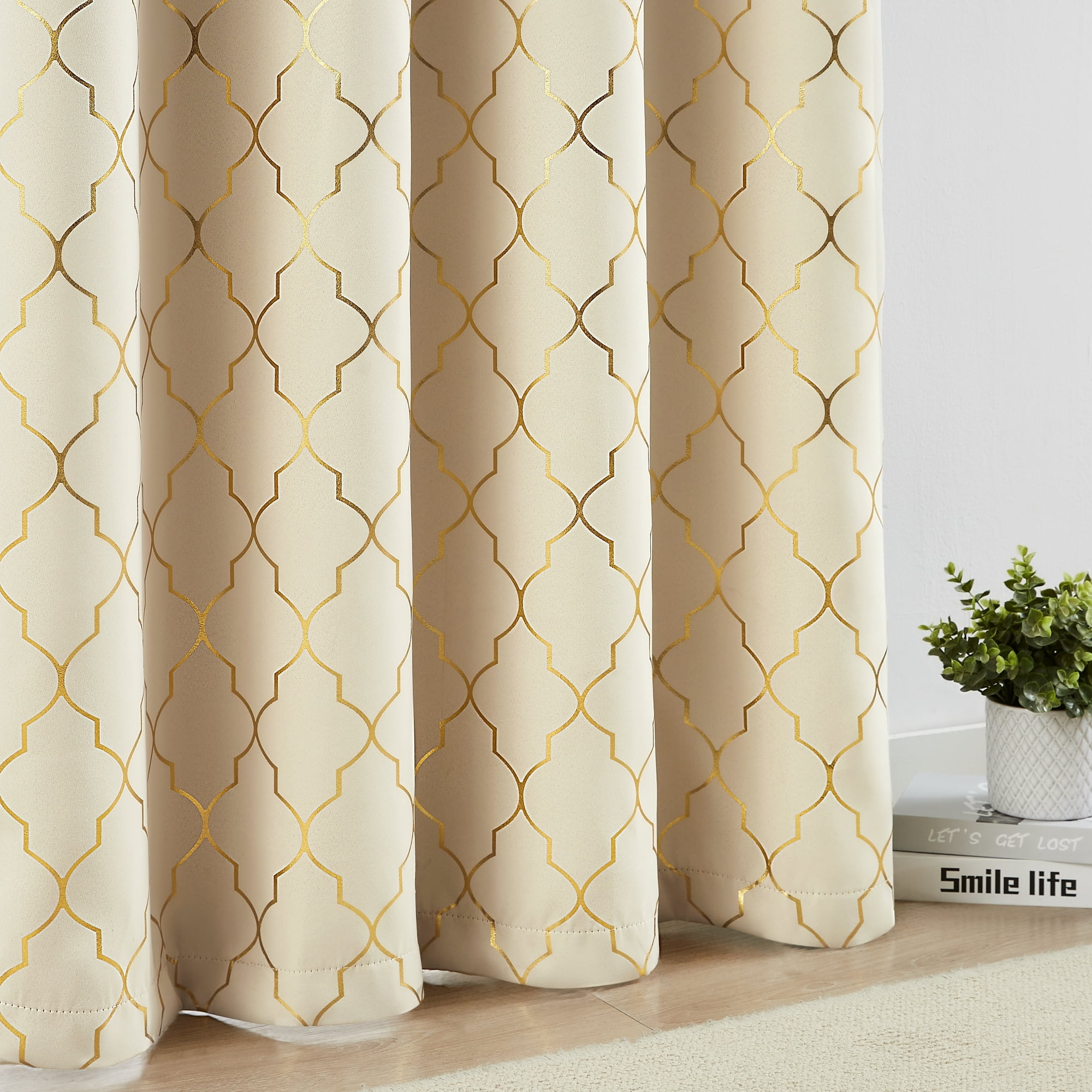 Bohogeo Moroccan Full Blackout Curtain Panels for Bedroom,Thermal Insulating Room Darkening Beige Drapes with Gold Geometric Metallic Print,Grommet Window Treatment,52" Wx63 L(Pack of 2),Beige/Gold