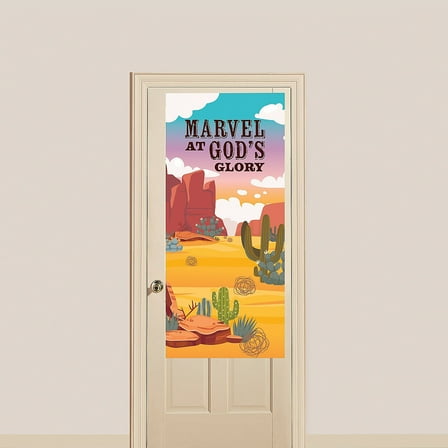 Fun Express 27" x 5 Ft. Railroad VBS Marvel at God's Glory Polyester Door Banner, Vacation Bible School Supplies