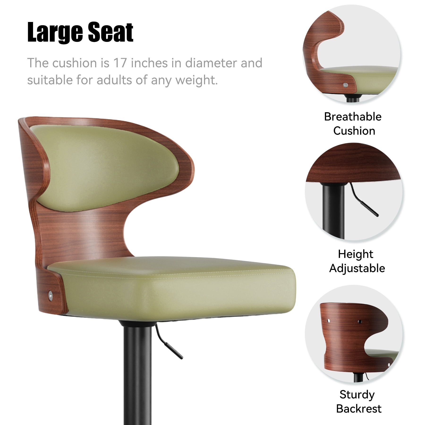 Hawsaiy Bar Stools Set of 2, Adjustable Height 24.5"-33.5", Bentwood Swivel Barstools with Back & Footrest, PU Leather Upholstered Bar Chairs for Kitchen Island, Dining Room, Home Bar