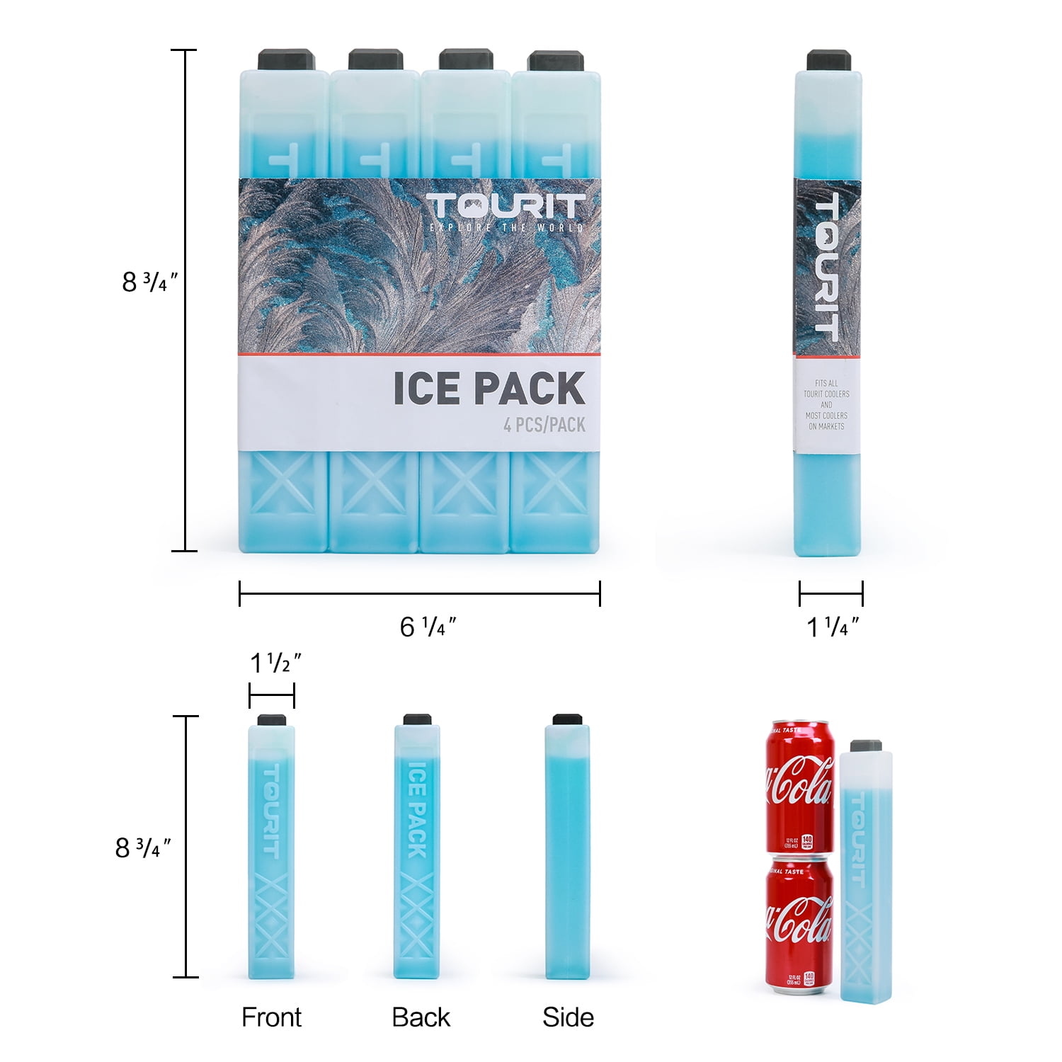 TOURIT 4 PCS Ice Packs for Coolers, Reusable Cold Freezer Packs for Lunch Bag/Box and Cooler Bag, Knee Injuries, Back Pain Relief, Picnic, Camping, Adults and Kids, Blue