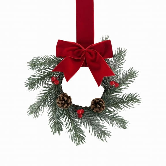 Hand Sewn Christmas Wreath, Burgundy Holiday Wreath with Red Gold Green Bow, Handmade Window & Door Decoration with Branches and Leaves for Christmas