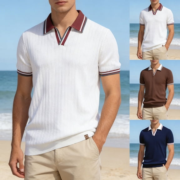 BUWTTER Mens Relaxed Polo Shirts Short Sleeve Solid Color Business Tops Dressy Work Casual Lapel Shirts Beige L