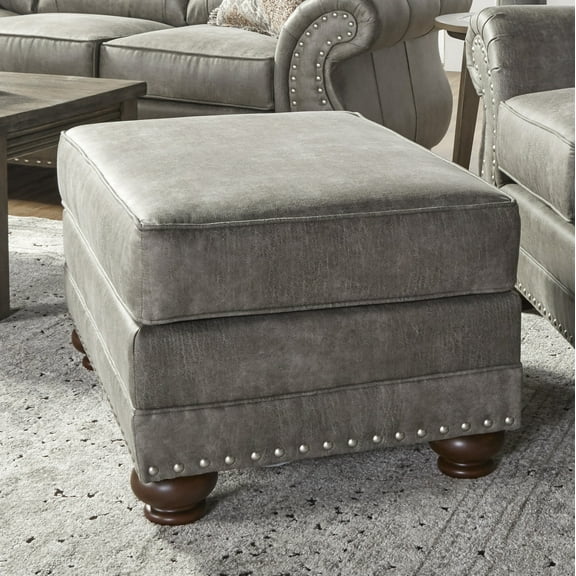 Roundhill Leinster Faux Leather Upholstered Nailhead Ottoman in Stone Gray