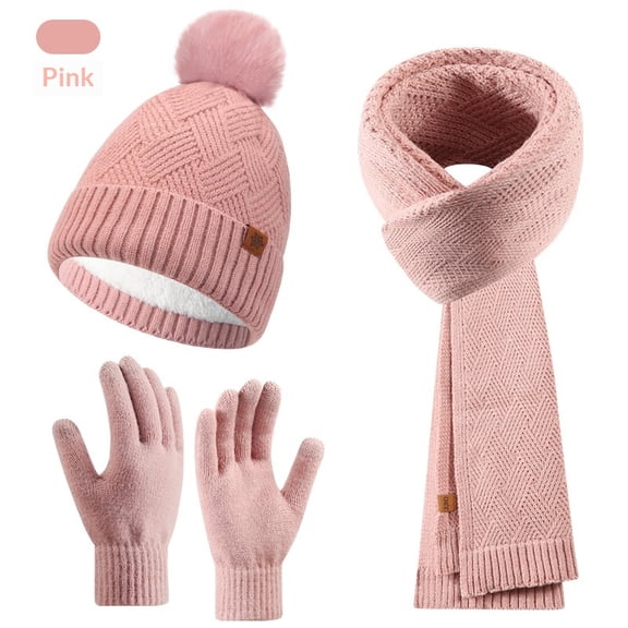 Knitted hat, scarf, gloves, three piece set, women's autumn and winter outdoor warm double-layer woolen knitted hat