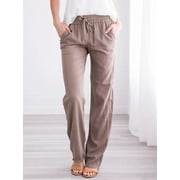 Women's Plain Cotton And Linen Drawstring Loose Casual Wide Leg Trousers