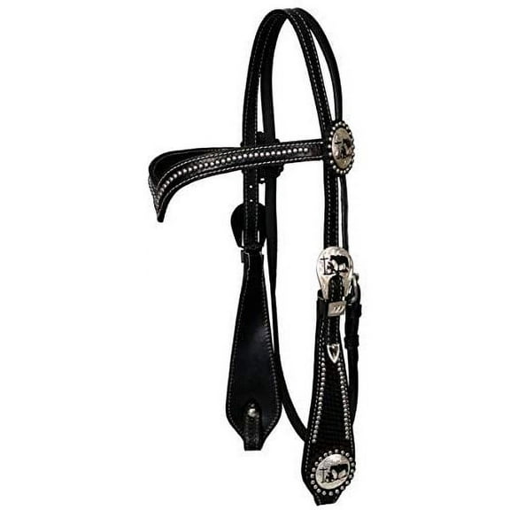 Showman Silver Beaded V Brow Leather Headstall w/ Reins (Black)