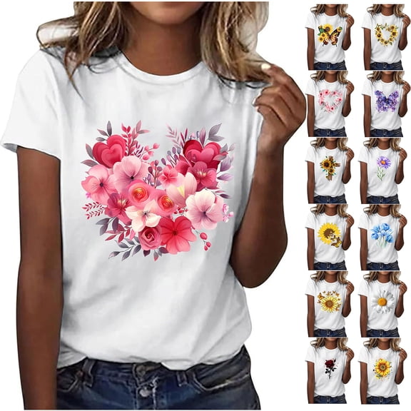 NSLGXD Summer T-Shirts for Women Funny Graphic Tees Short Sleeve Round Neck Tee Shirts Fashion Floral Print Casual Tunic Tops Going Out Tops S