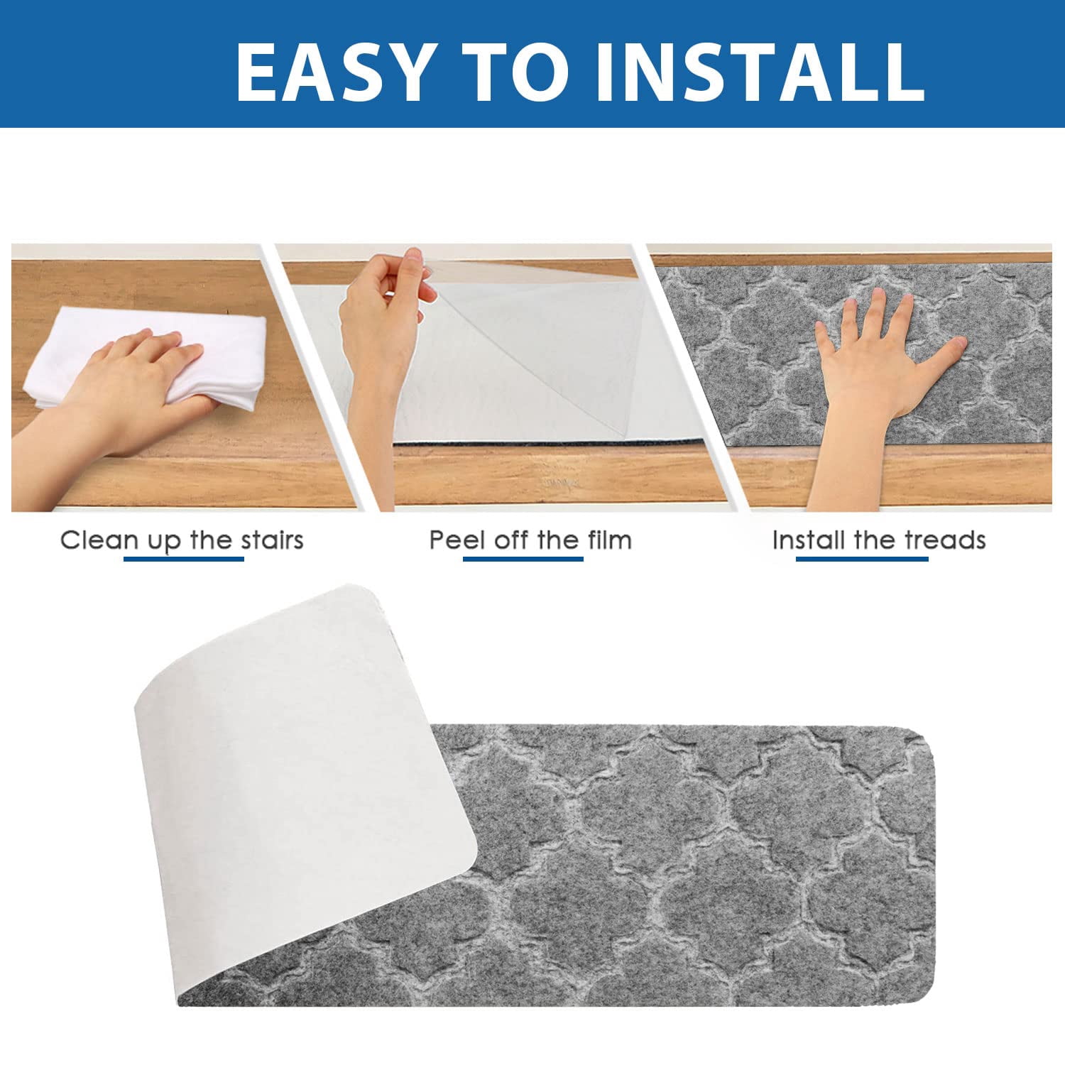 Kaskawise Non Slip Stairs Carpet Tape for Hardwood Floors, Peel and Stick Stair Mat Cover with Adhesive Set of 15, Gray Self Adhesive Indoor Carpet Stair Treads Retrofit Stair Rug, 8"x30"