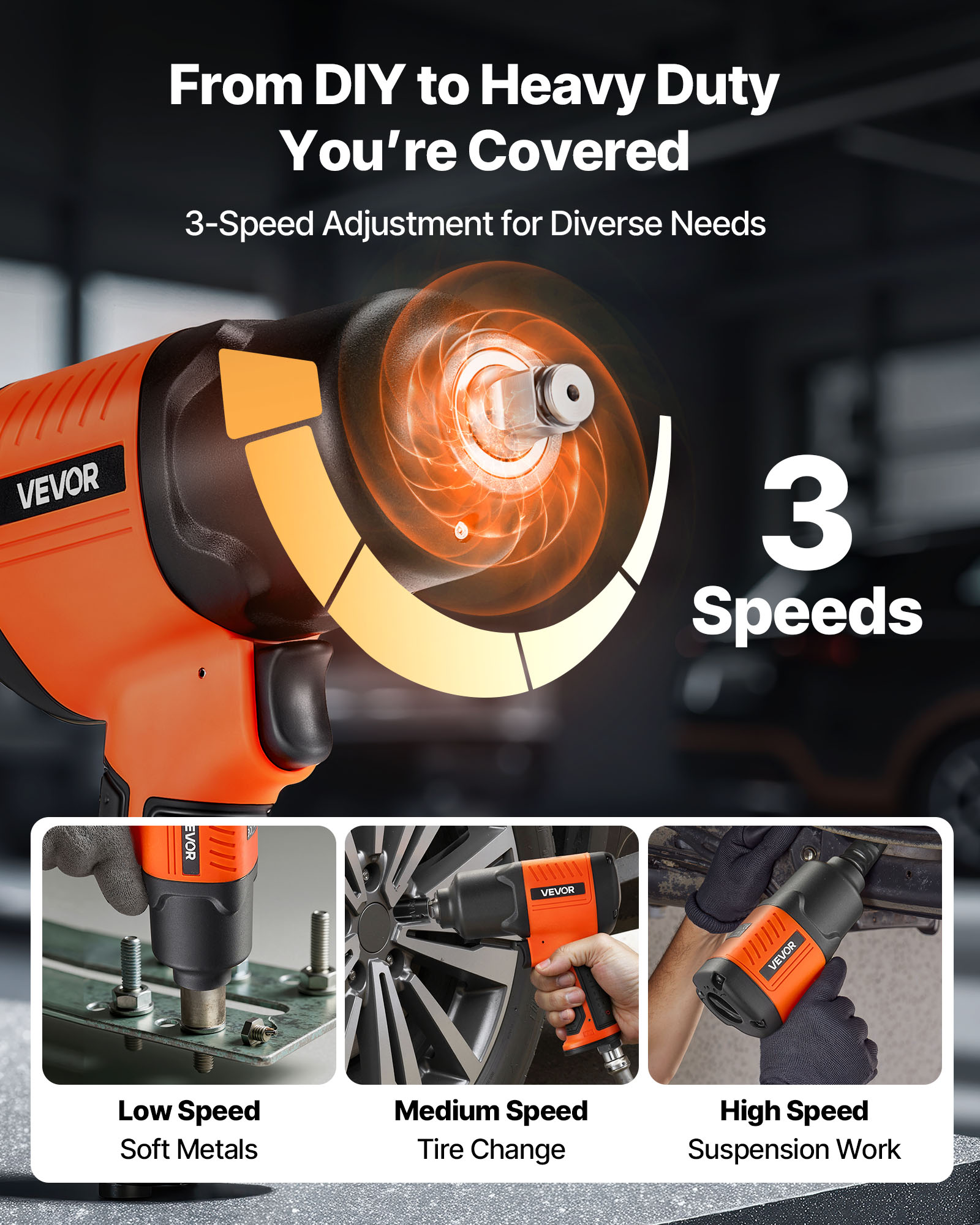 VEVOR Air Impact Wrench, 1/2" Drive Pneumatic Impact Wrench Up to 1100 ft-lbs Reverse Torque, 7500RPM 4-Speed Adjustable & Lightweight Pneumatic Gun for Auto Repairs and Maintenance