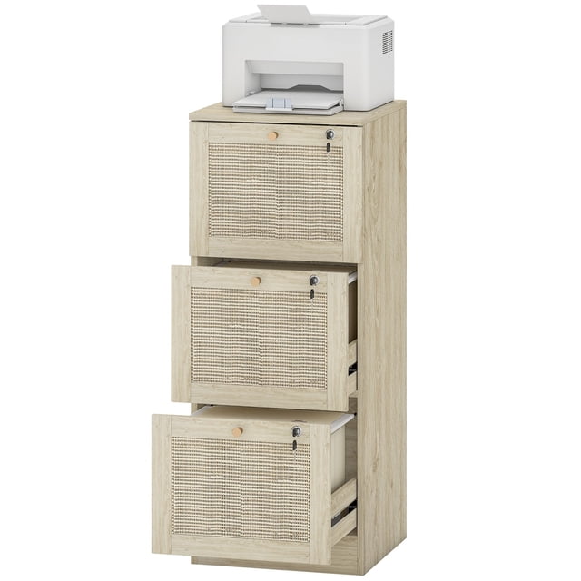 Oak 3-Drawer Filing Cabinet with Rattan Accents & Lock - Boho Office Storage for A4/Letter Files - Compact & Secure Living Room/Bedroom Cabinet