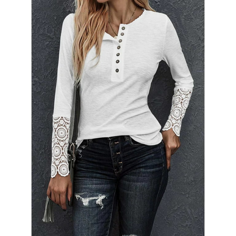 Vafful Womens V Neck Henley Shirts Long Sleeves Tunic Lace Tops Ribbed Knit  Button Shirts Casual Slim Fit Blouses White Size M 