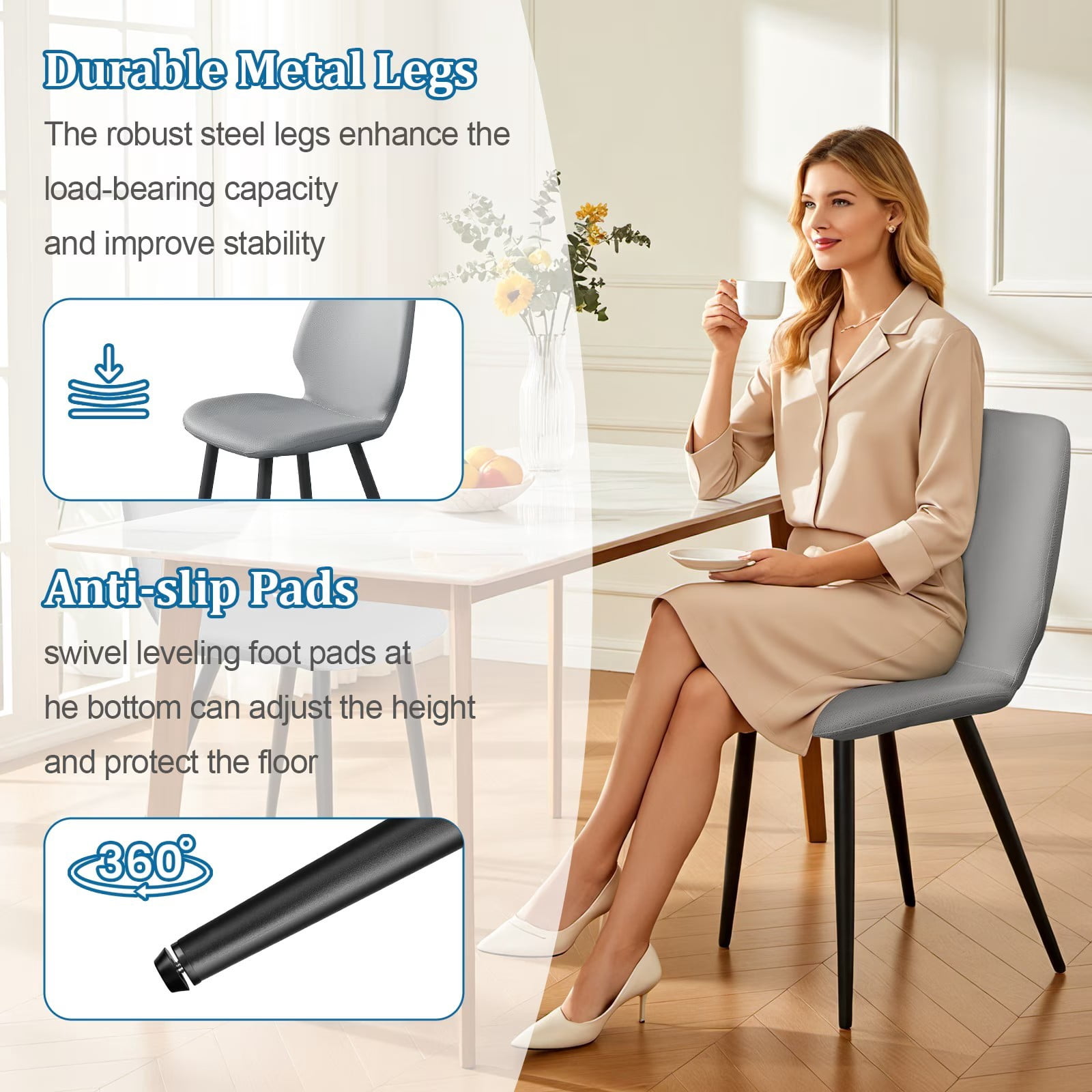 Light Grey Leather Dining Chairs Set of 4, Shell Back Upholstered Kitchen Dining Chairs with Metal Legs for Dining Room, Living Room