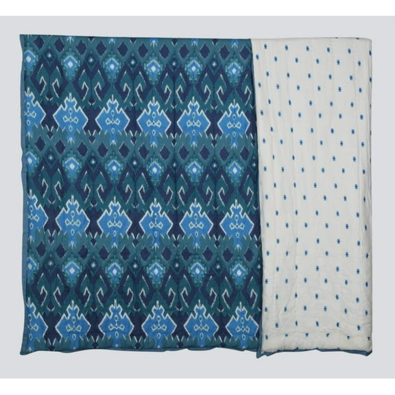 100% COTTON HAND PRINTED DARK BLUE TRIBAL QUILT WITH 2 SHAMS