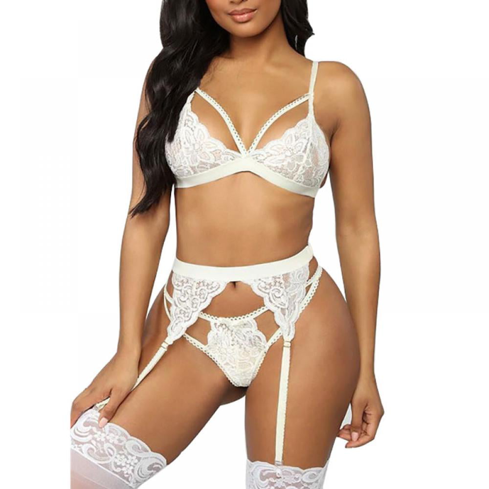 Women Lace Lingerie Set with Garter Belt Teddy Strap Push Up Bra and Panties 