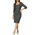 thumbnail image 1 of Vestido de trabajo midi ajustado de mujer con cuello cuadrado y mangas 3/4, estampado de cuadros, color negro, 1 of 6