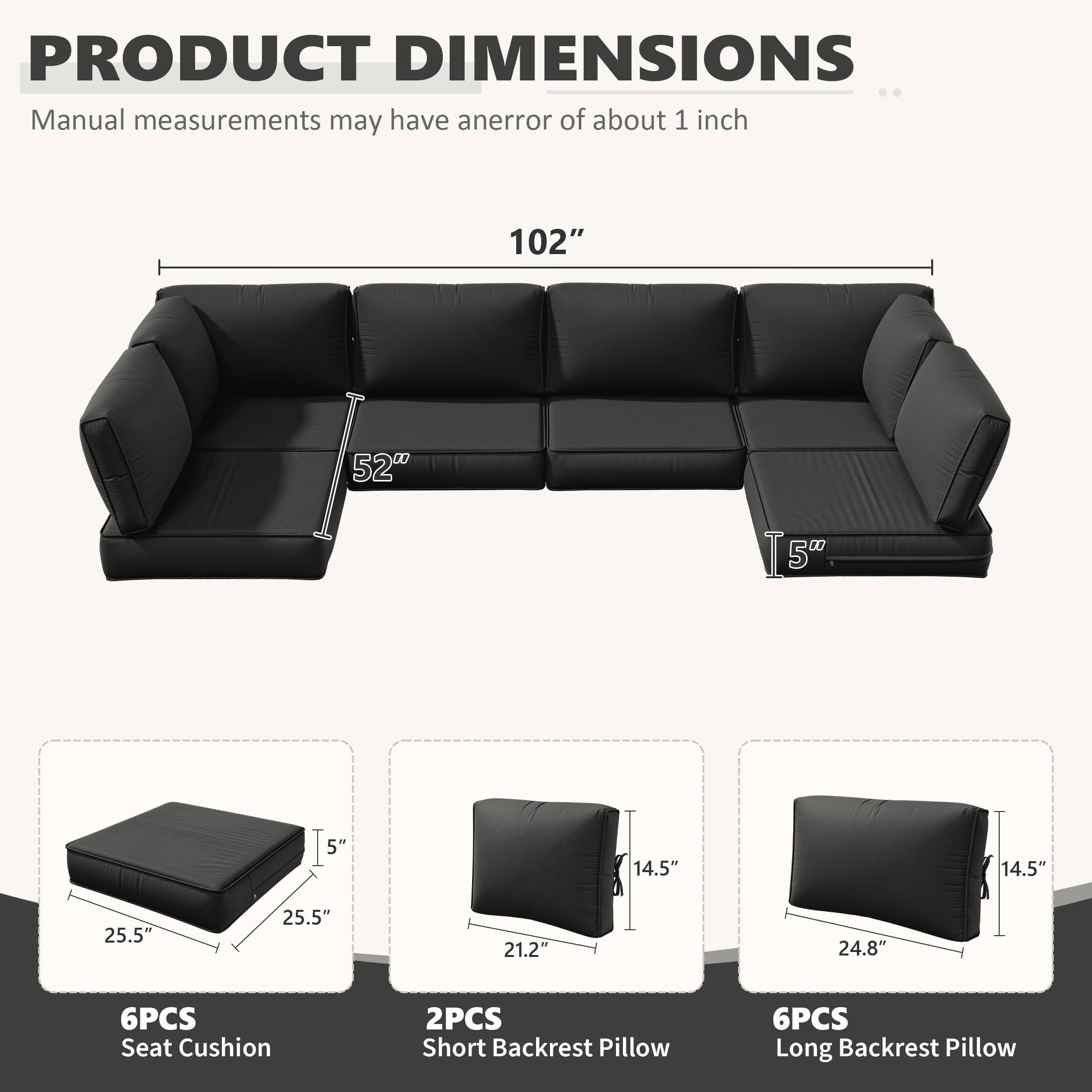 Snubbull 6-Seat Sectional Outdoor Patio Replacement Cushions Set, 25.5" x 25.5", 5" Foam High-Density, 14-Piece Water-Resistant Outdoor Cushion for Patio Conversation Sets, Liner&Cover, Black