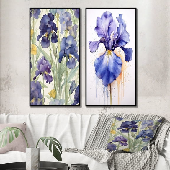 Designart "Impressionistic Iris in Purple and Green I" Floral Framed Wall Art Set Of 2 - Purple Floral Gallery Wall Frame Set For Home Decor