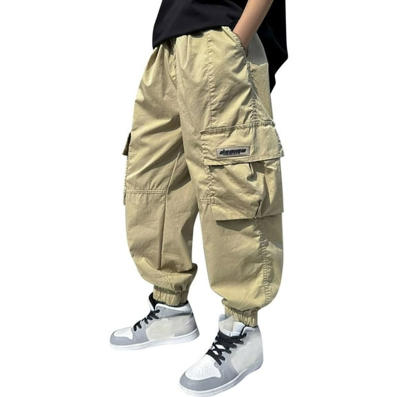 Kids Cargo Pants Slim Fit Jogger Pants for Girls High Elastic Waisted Khaki Cargo with Pocket Girls Pants Size 5-6 Years