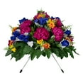 thumbnail image 3 of Sympathy Silks Artificial Cemetery Flowers - Fuchsia Mums with Blue Iris - Saddle for Headstone, 3 of 6