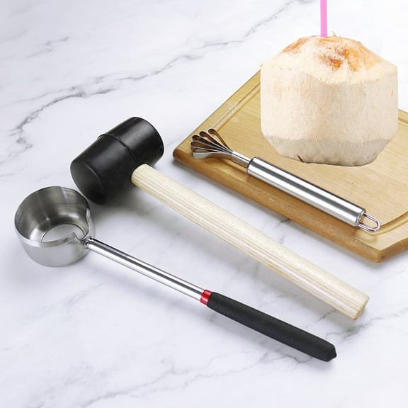 Haomacro Coconut Opener Stainless Steel Set of 3, Coconuts Opening Tool Kit for Meat Removal with Hammer & Stainless Steel Scraper, Coconut Shell Breaker Machine - for Fresh Coconuts Water